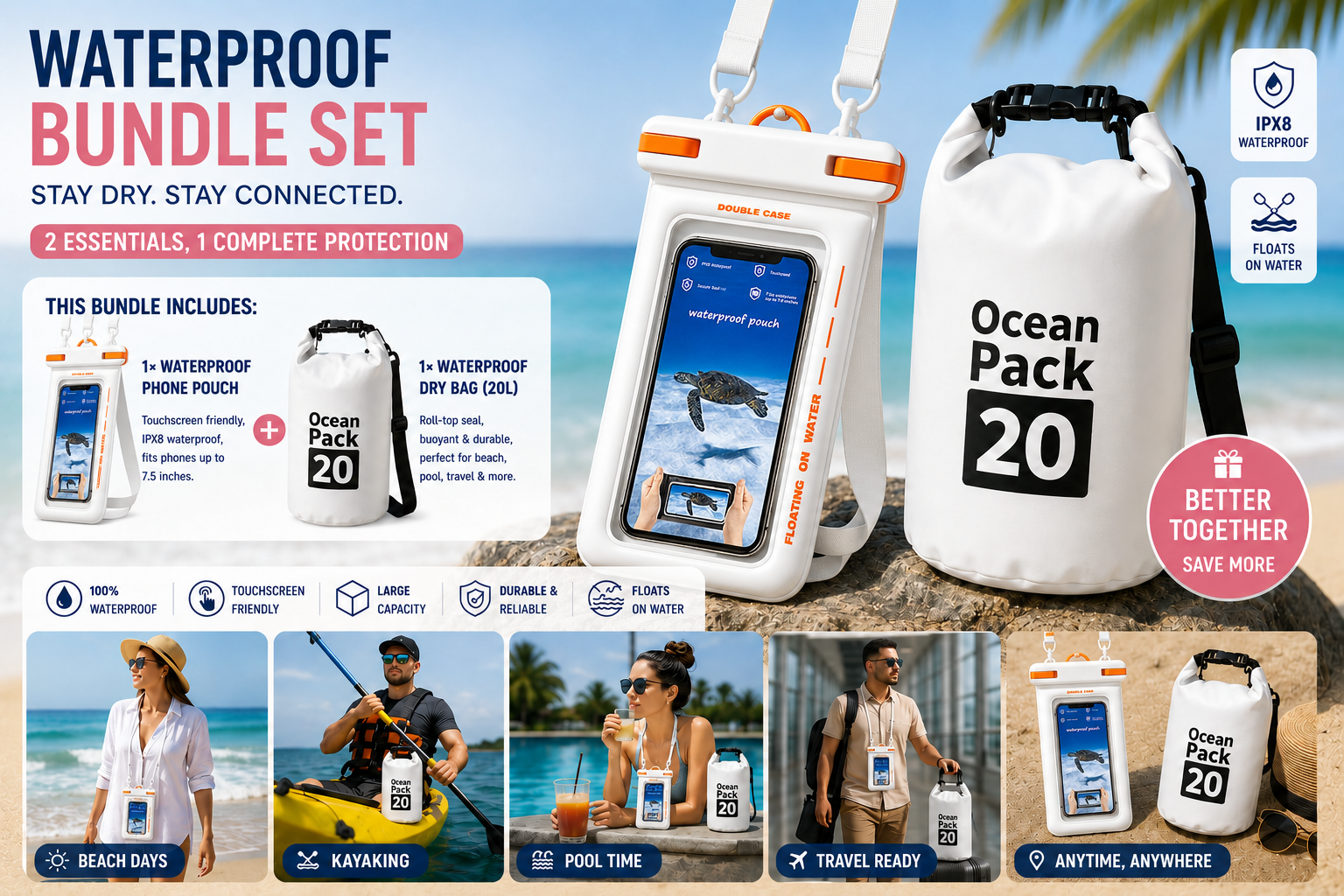 Waterproof Adventure Bundle – 20L Dry Bag + Touchscreen Phone Pouch