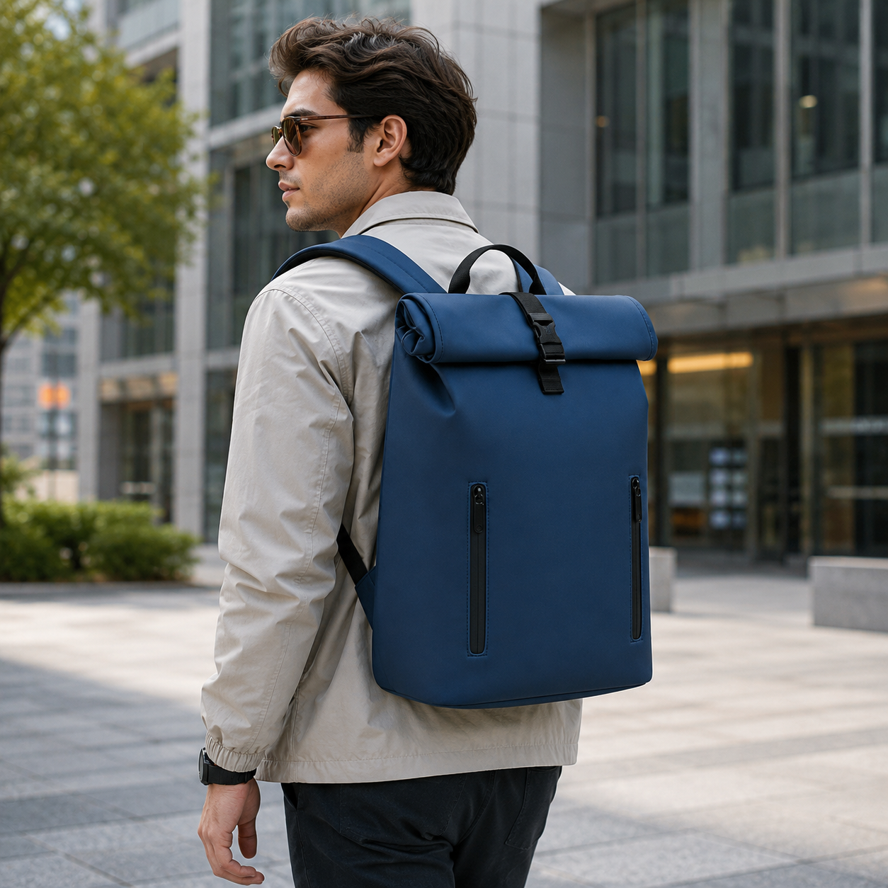All-Match Cross-Border Business Backpack with Side-Open Laptop Compartment, Waterproof PU Bag for Men, Cuff-Edge Trendy Fashion Lightweight Backpack