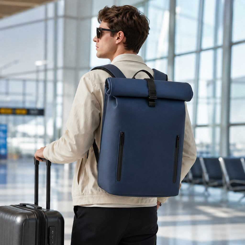 All-Match Cross-Border Business Backpack with Side-Open Laptop Compartment, Waterproof PU Bag for Men, Cuff-Edge Trendy Fashion Lightweight Backpack