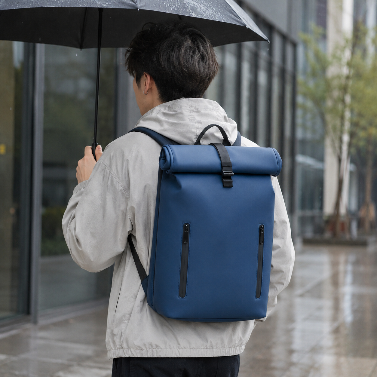 All-Match Cross-Border Business Backpack with Side-Open Laptop Compartment, Waterproof PU Bag for Men, Cuff-Edge Trendy Fashion Lightweight Backpack
